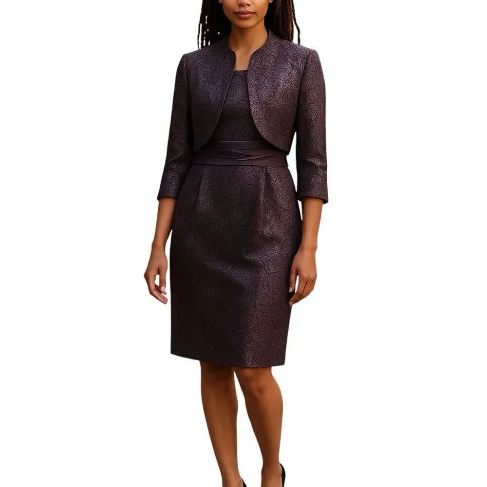 R&M Richards 6 Dress & Jacket 2-PC Set Plum Purple Jacquard Swirl Wedding Guest